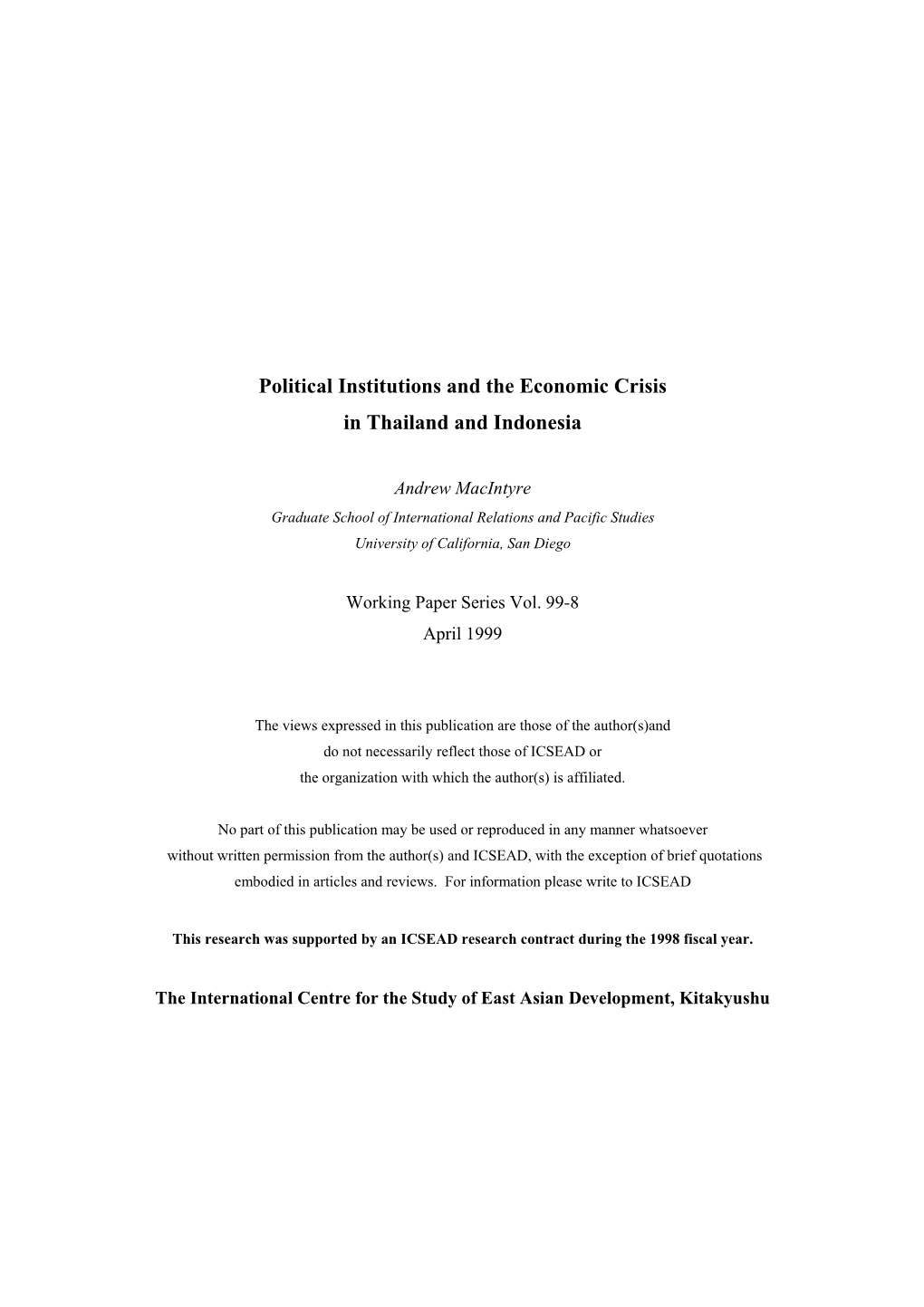 Political Institutions and the Economic Crisis in Thailand and Indonesia