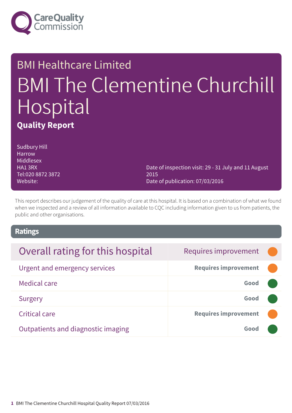 BMI the Clementine Churchill Hospital Quality Report