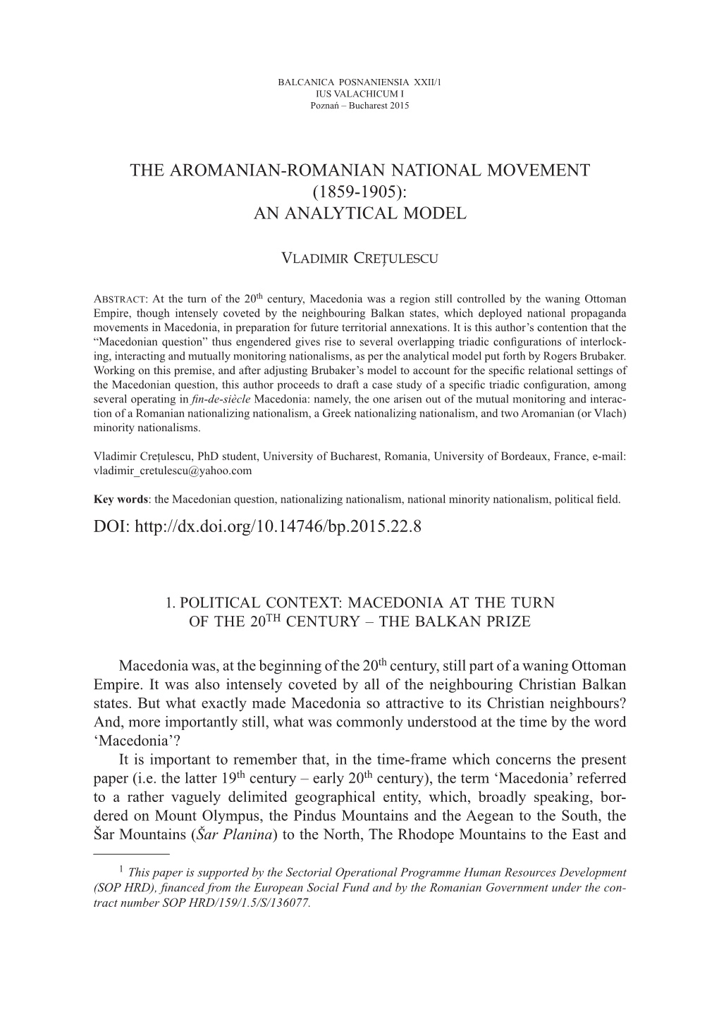 The Aromanian-Romanian National Movement (1859-1905): an Analytical Model Doi