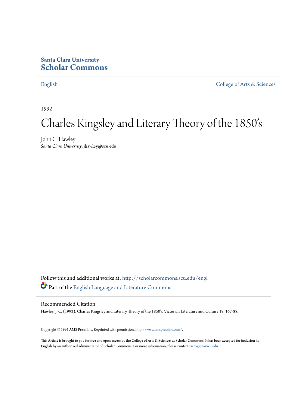 Charles Kingsley and Literary Theory of the 1850’S John C