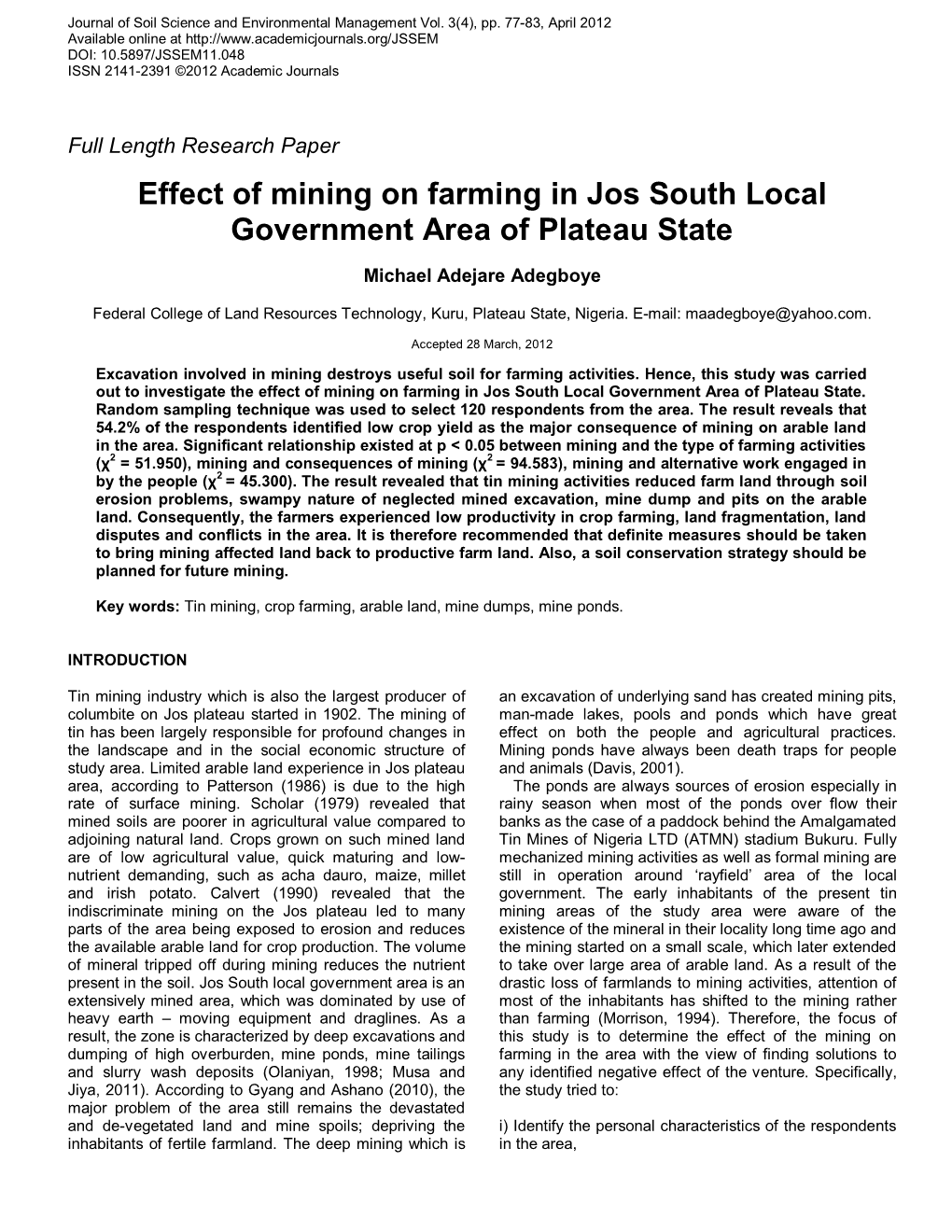 Effect of Mining on Farming in Jos South Local Government Area of Plateau State