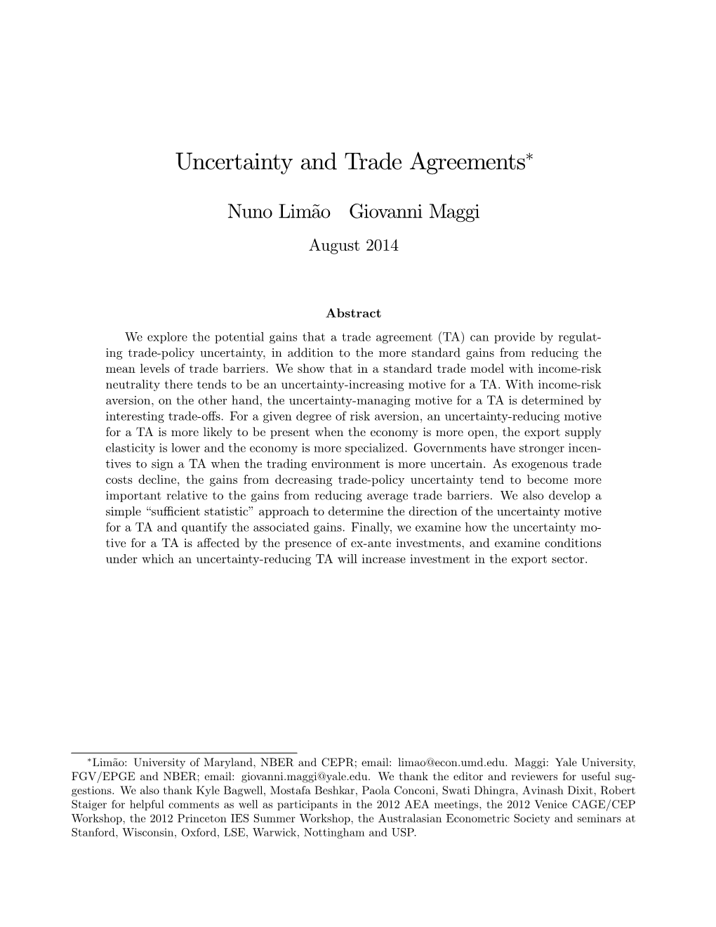 Uncertainty and Trade Agreements∗