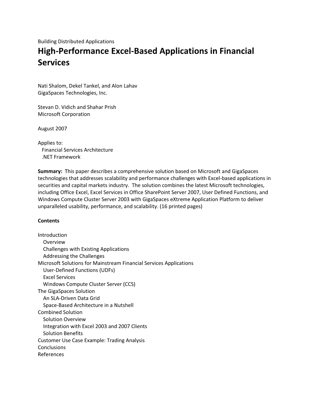 High-Performance Excel-Based Applications in Financial Services