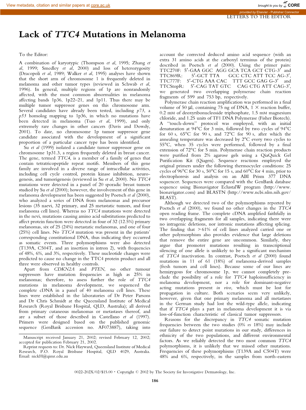 Lack of TTC4 Mutations in Melanoma