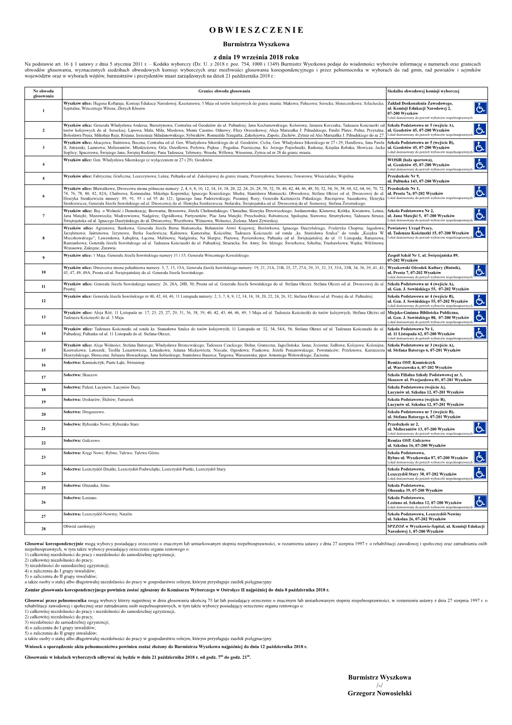 OBWIESZCZENIE Burmistrza Wyszkowa Z Dnia 19 Września 2018 Roku Na Podstawie Art