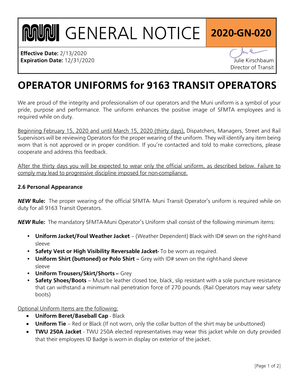 2020-GN-020 Operator Uniform for 9163 Transit Operators