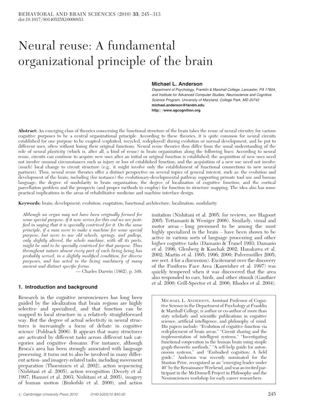 Neural Reuse: a Fundamental Organizational Principle of the Brain