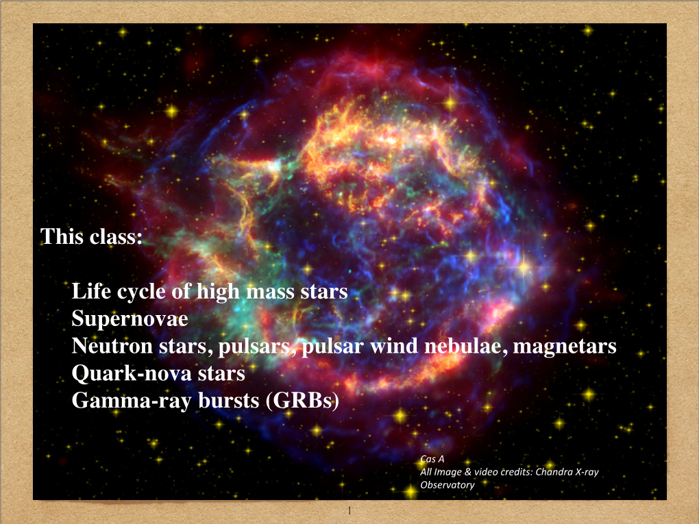 Life Cycle of High Mass Stars Supernovae Neutron Stars, Pulsars, Pulsar Wind Nebulae, Magnetars Quark-Nova Stars Gamma-Ray Bursts (Grbs)