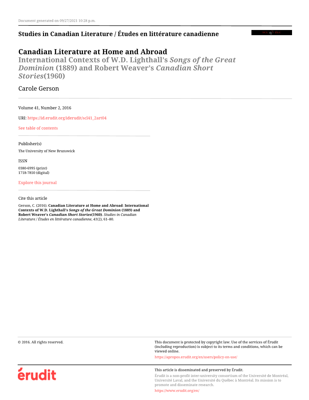 Canadian Literature at Home and Abroad International Contexts of W.D