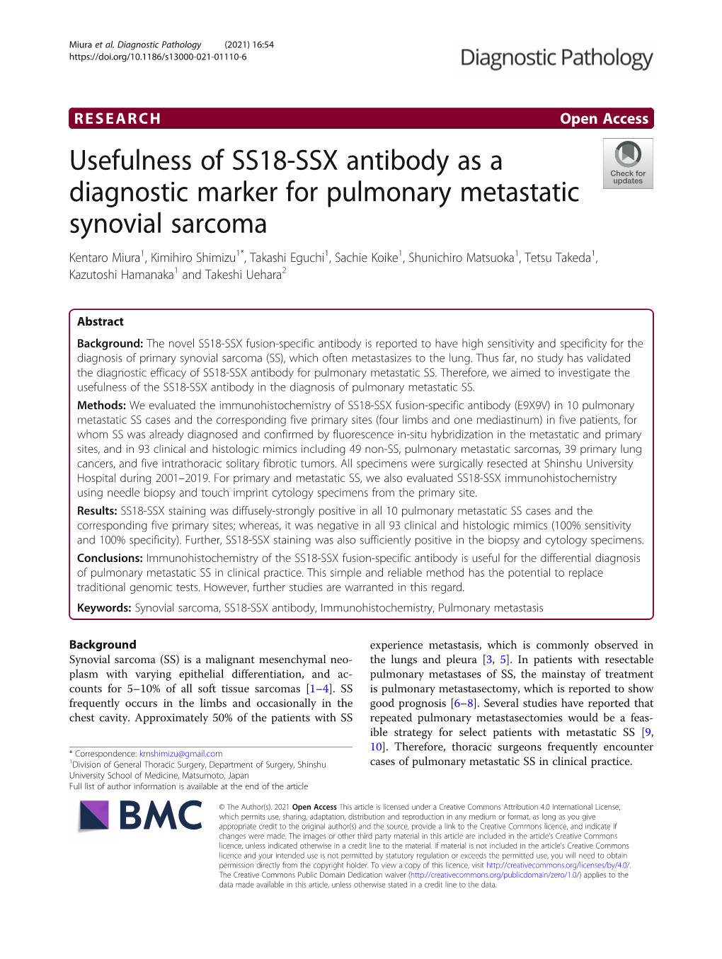 Usefulness of SS18-SSX Antibody As a Diagnostic Marker for Pulmonary Metastatic Synovial Sarcoma