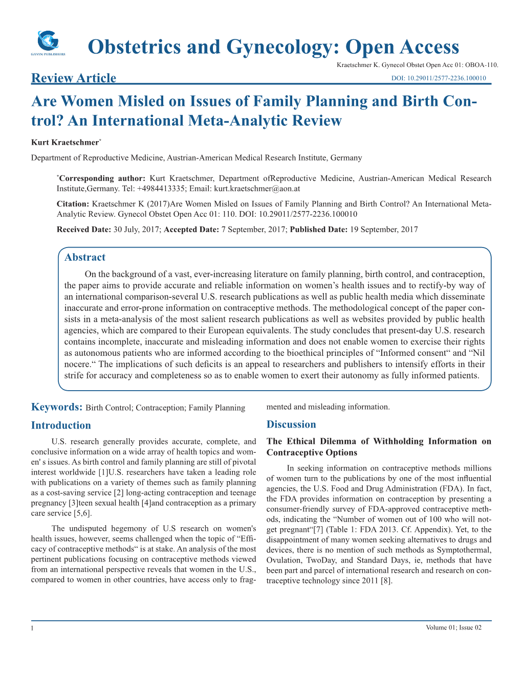 Obstetrics and Gynecology: Open Access Kraetschmer K