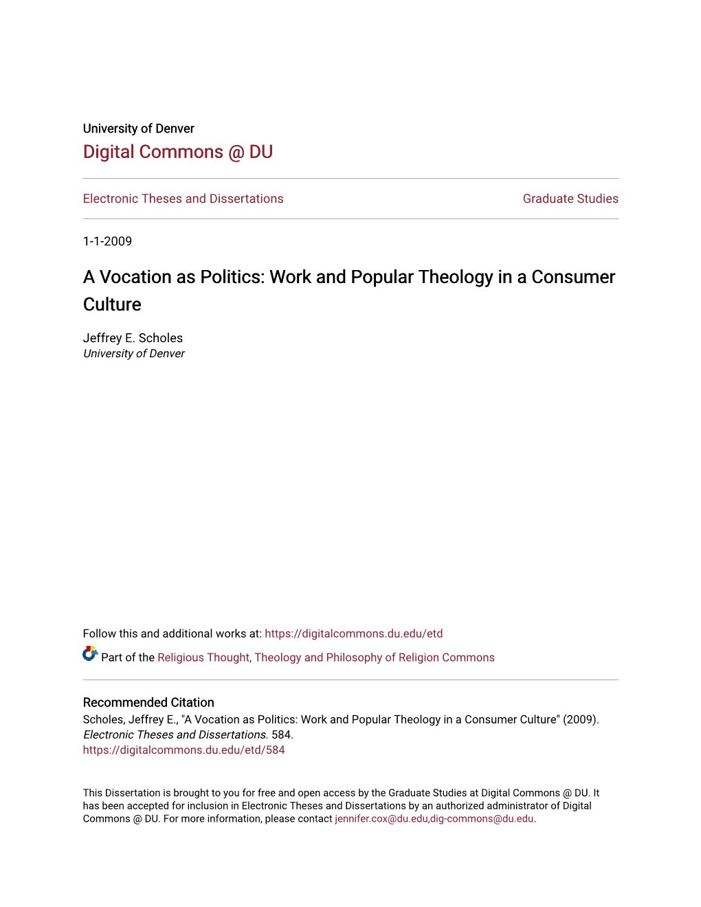 A Vocation As Politics: Work and Popular Theology in a Consumer Culture