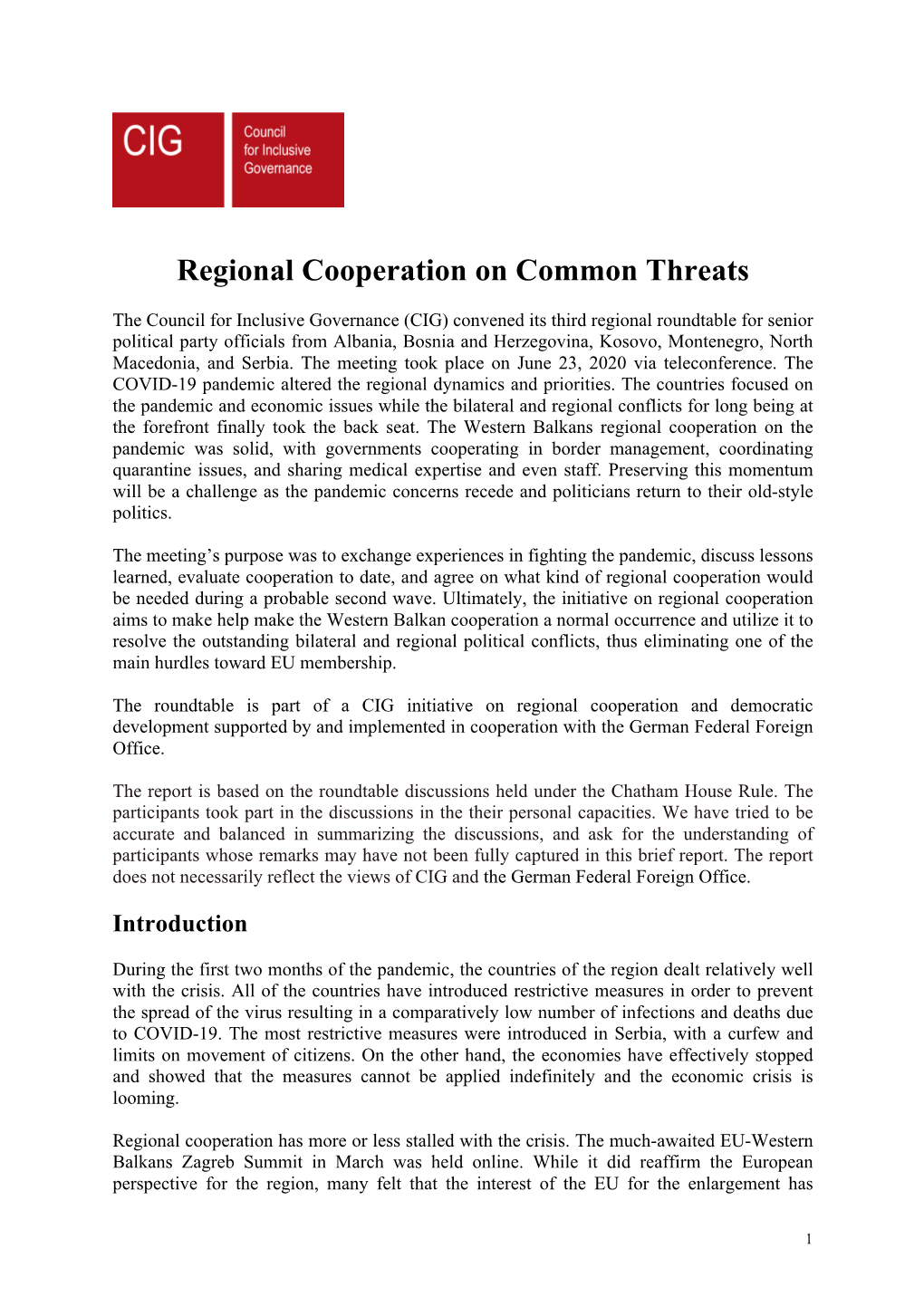 Regional Cooperation on Common Threats