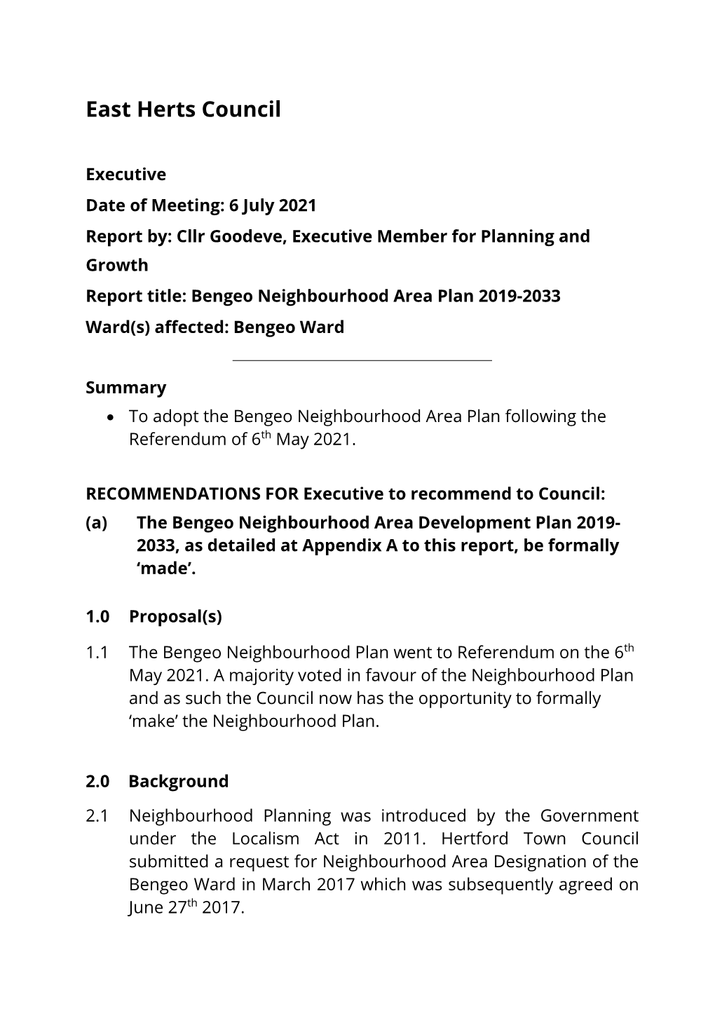 Adoption of Bengeo Neighbourhood Area Plan