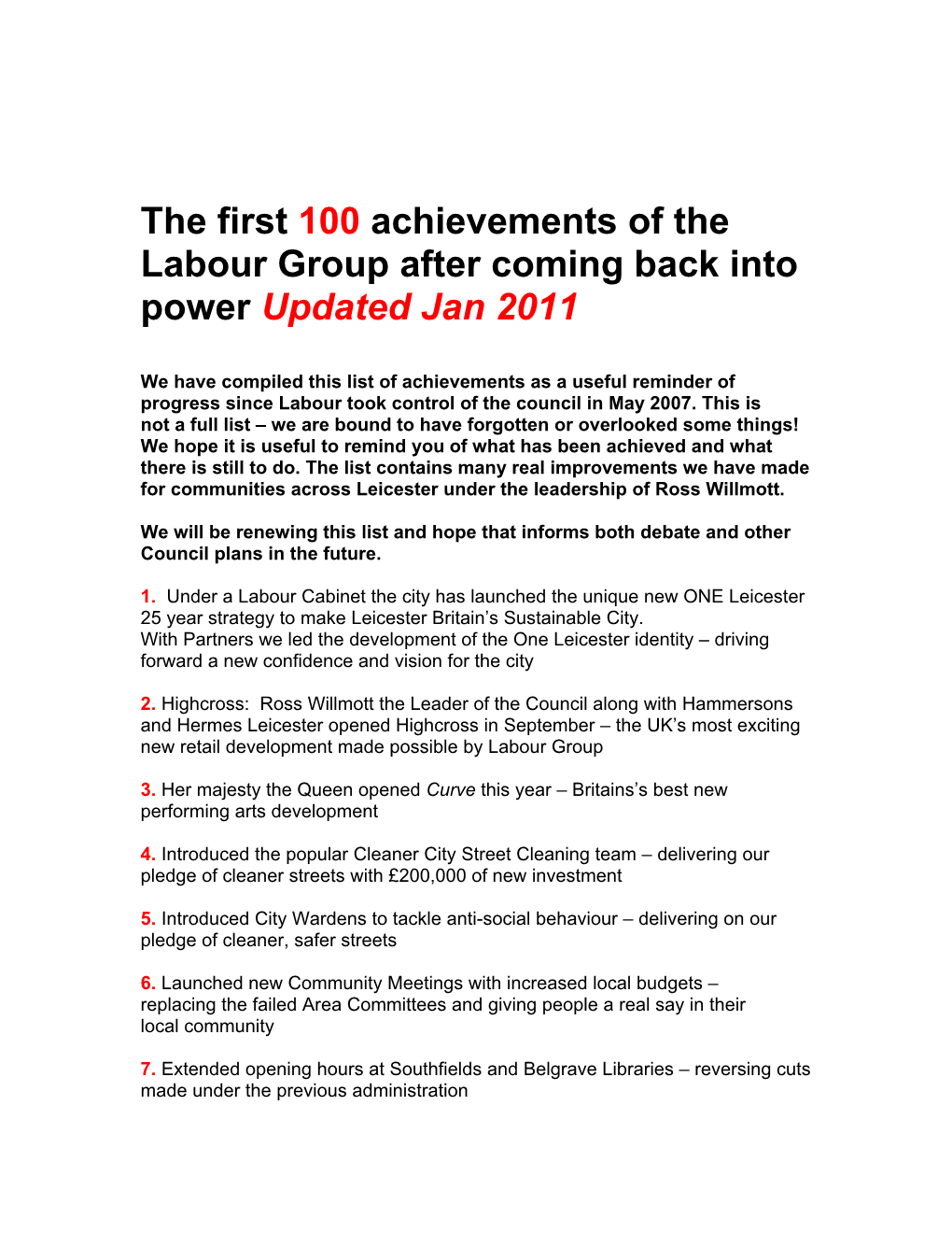The First 100 Achievements of the Labour Group After Coming Back Into Power Updated Jan 2011