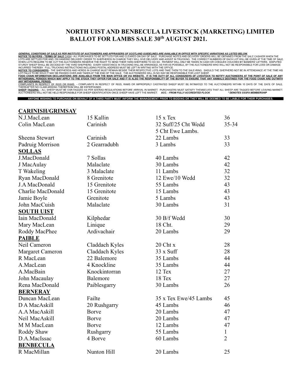 NORTH UIST and BENBECULA LIVESTOCK (MARKETING) LIMITED BALLOT for LAMBS SALE 30Th AUGUST 2021