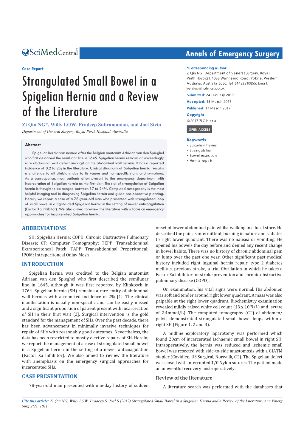 Strangulated Small Bowel in a Spigelian Hernia and a Review of the Literature