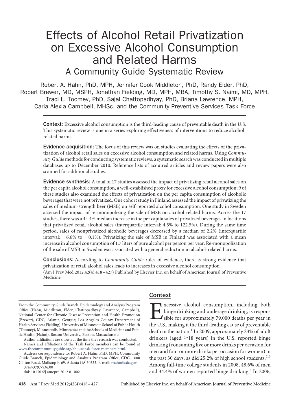 Effects of Alcohol Retail Privatization on Excessive Alcohol Consumption and Related Harms a Community Guide Systematic Review Robert A