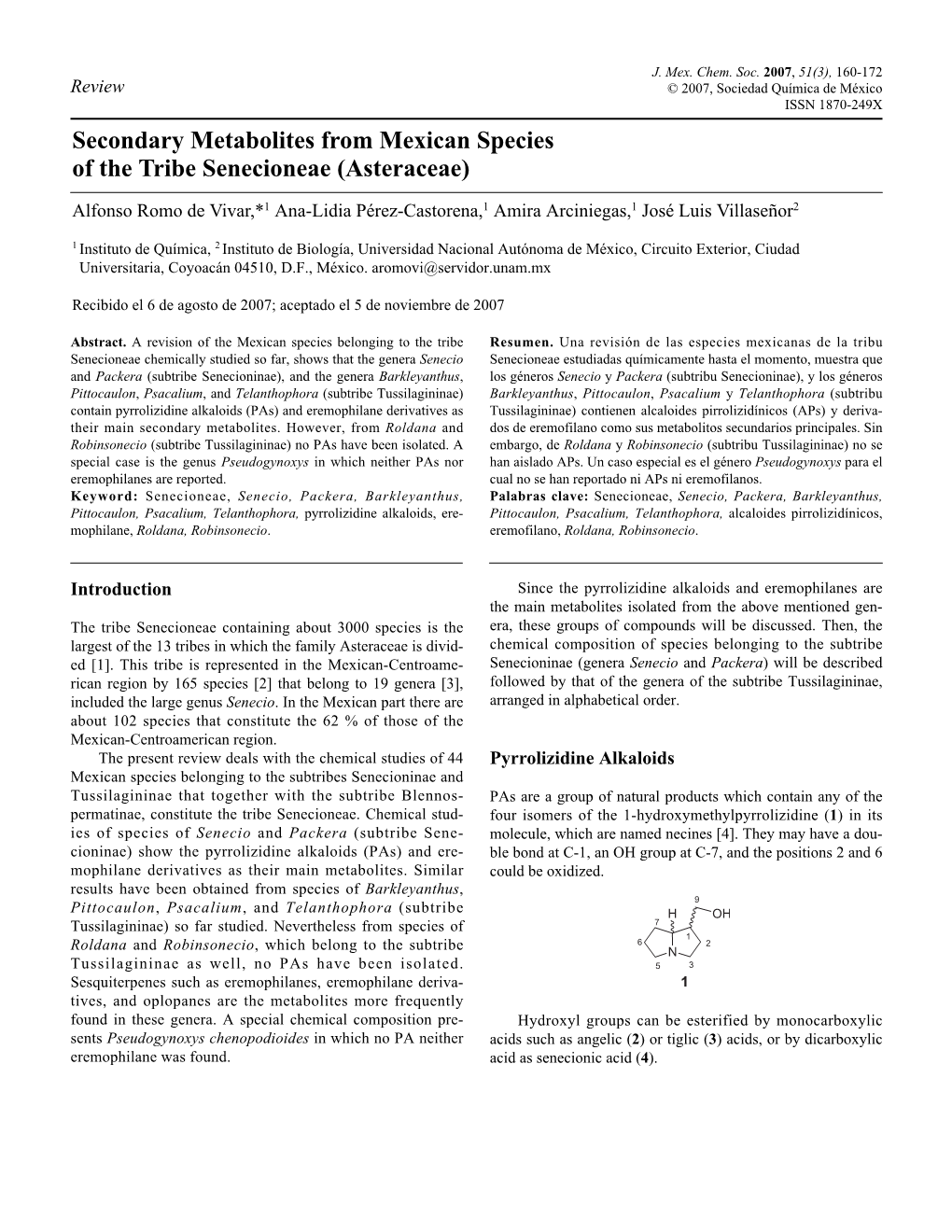 Secondary Metabolites from Mexican Species of the Tribe Senecioneae (Asteraceae)