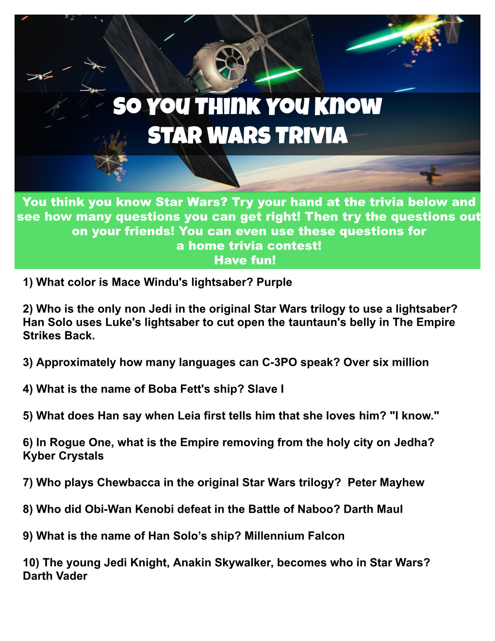 So You Think You Know Star Wars Trivia