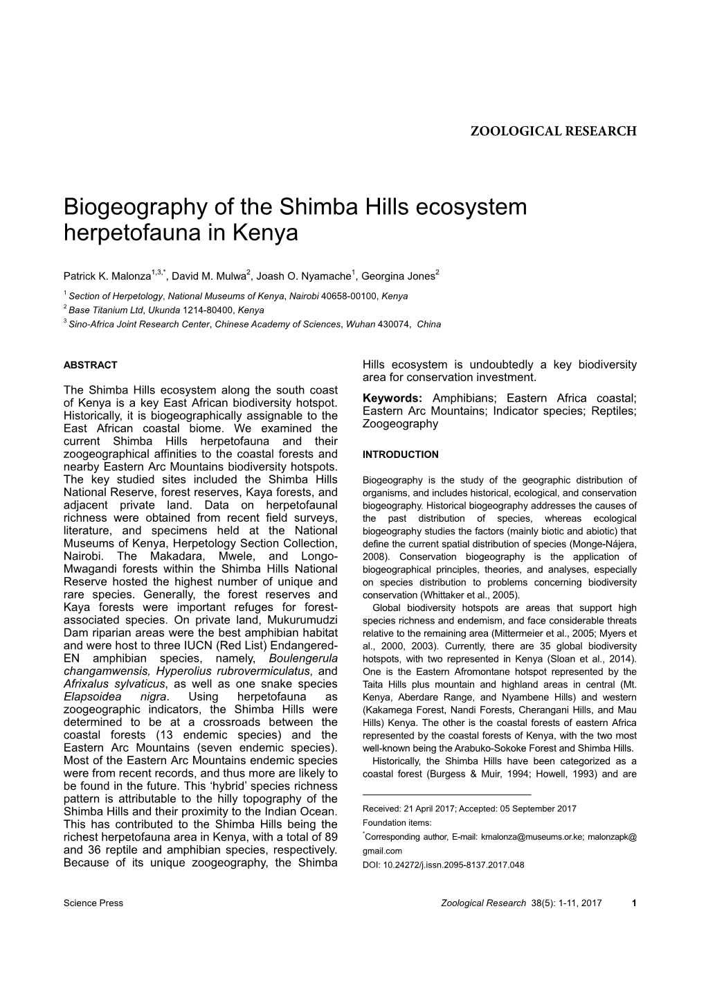 Biogeography of the Shimba Hills Ecosystem Herpetofauna in Kenya