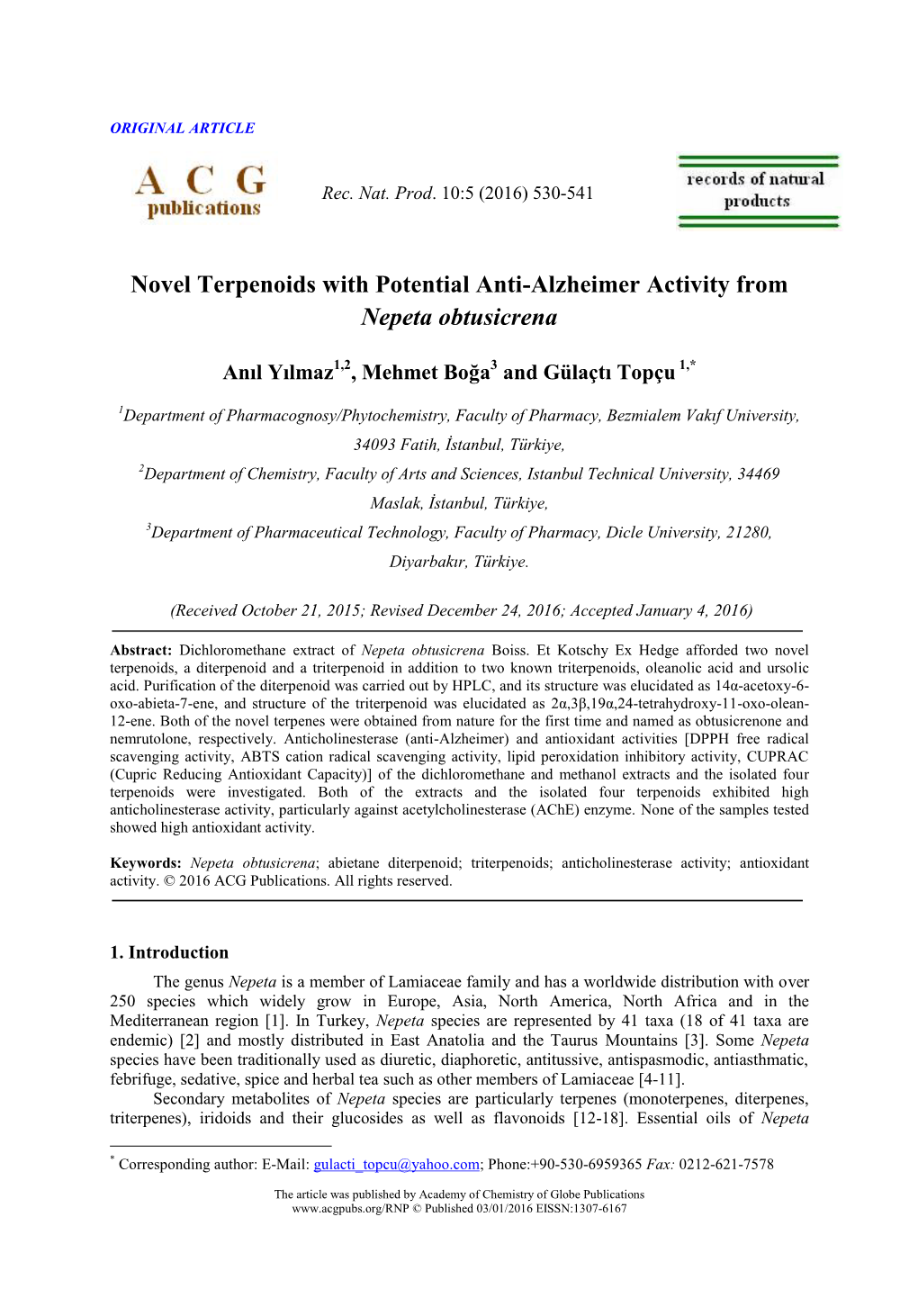 Novel Terpenoids with Potential Anti-Alzheimer Activity from Nepeta Obtusicrena