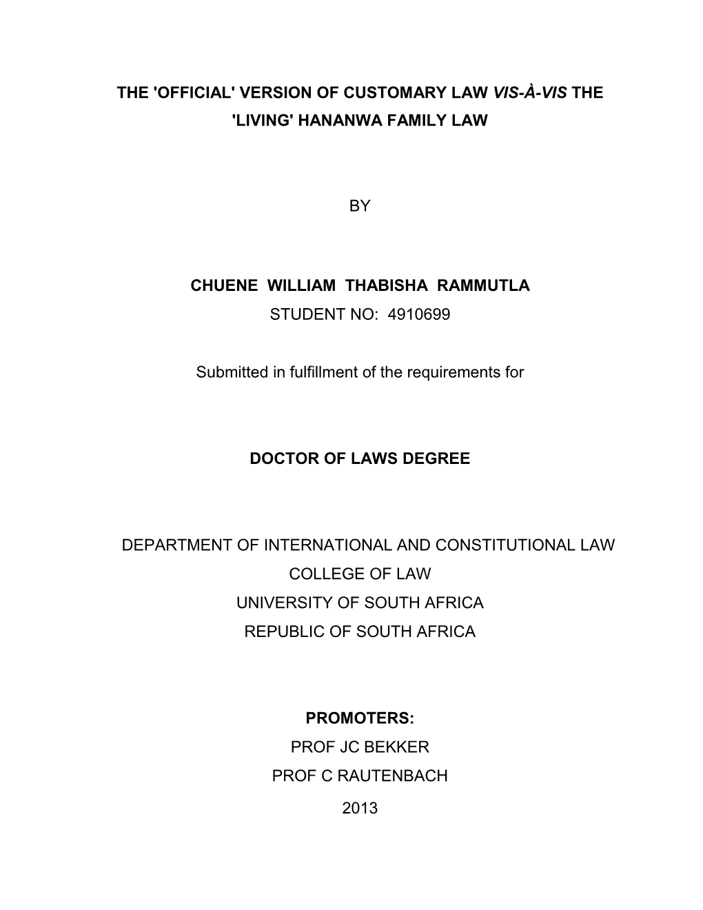 'Official' Version of Customary Law Vis-À-Vis the 'Living' Hananwa Family Law