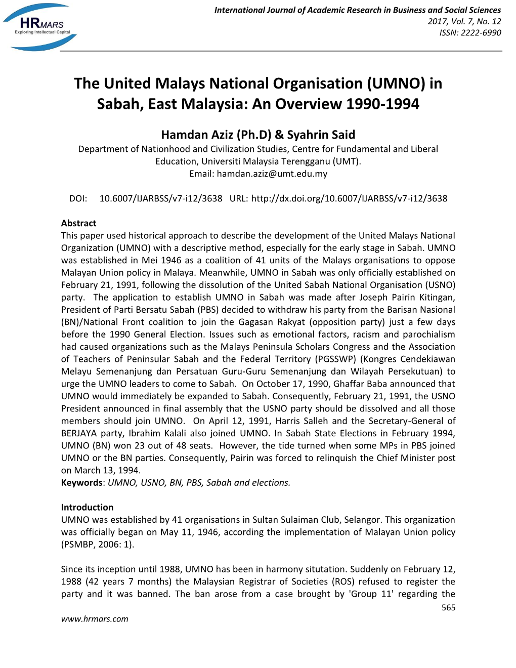 The United Malays National Organisation (UMNO) in Sabah, East Malaysia: an Overview 1990-1994