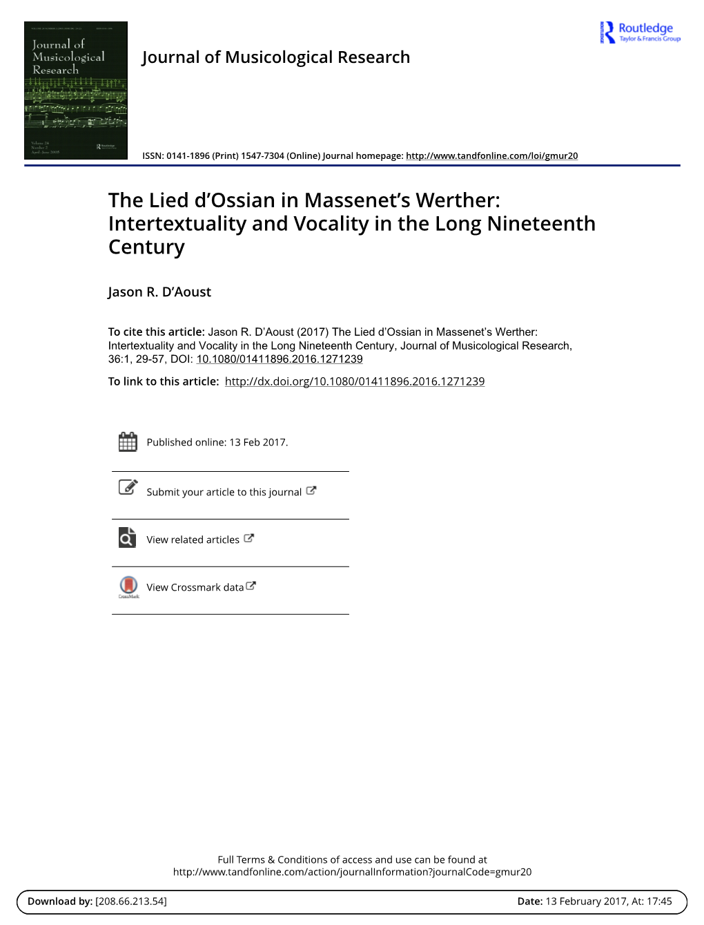 The Lied D'ossian in Massenet's Werther: Intertextuality and Vocality In