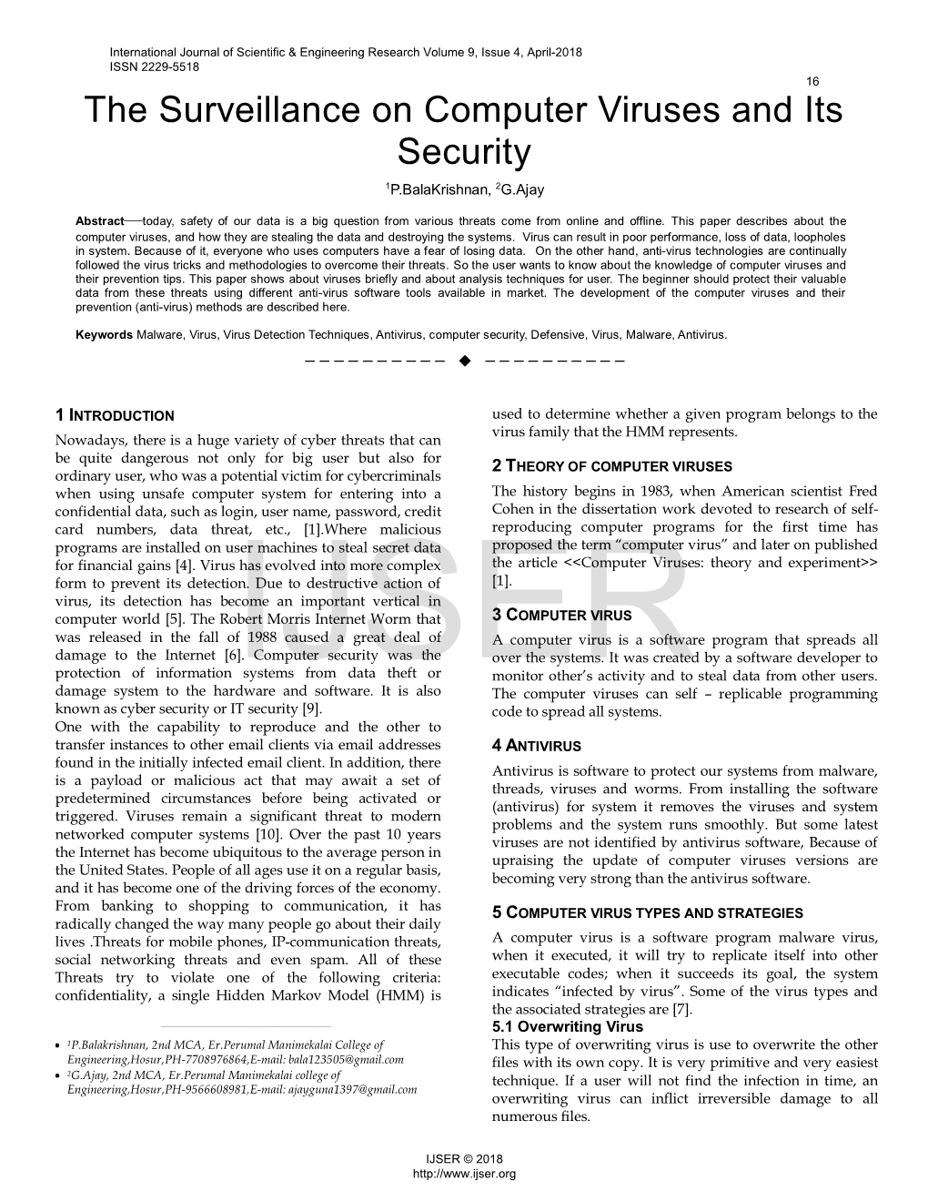 The Surveillance on Computer Viruses and Its Security 1P.Balakrishnan, 2G.Ajay