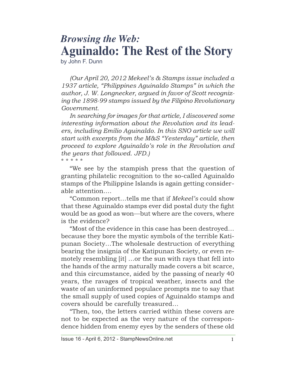 Aguinaldo: the Rest of the Story by John F