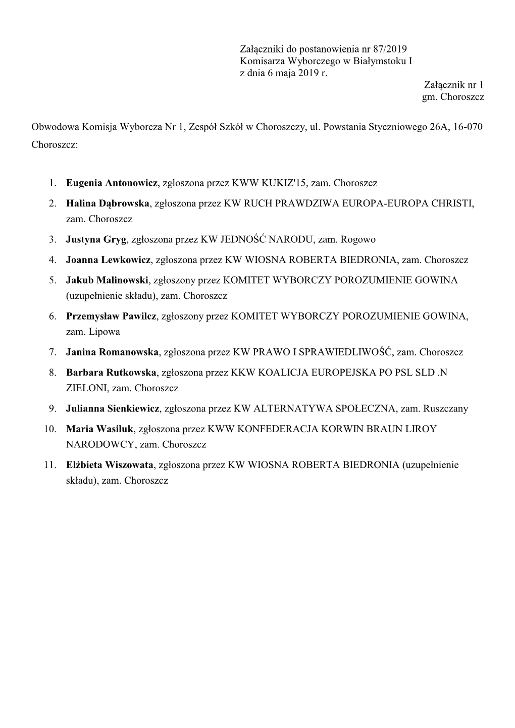 Załączniki Do Postanowienia Nr 87/2019 Komisarza Wyborczego W Białymstoku I Z Dnia 6 Maja 2019 R. Załącznik Nr 1 Gm. Choroszcz