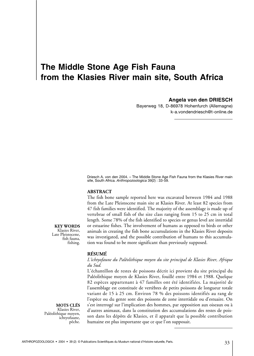 The Middle Stone Age Fish Fauna from the Klasies River Main Site, South Africa