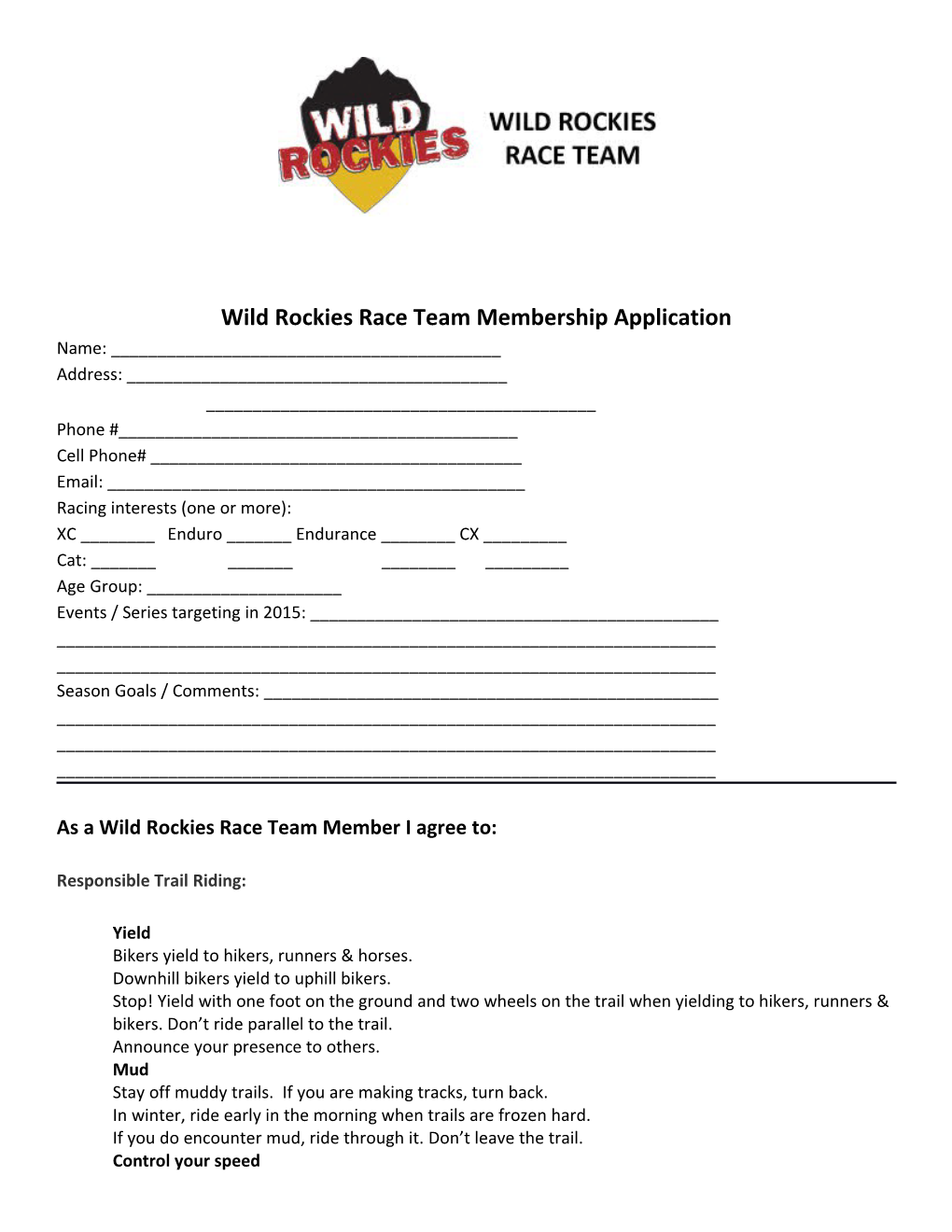 Wild Rockies Race Team Membership Application