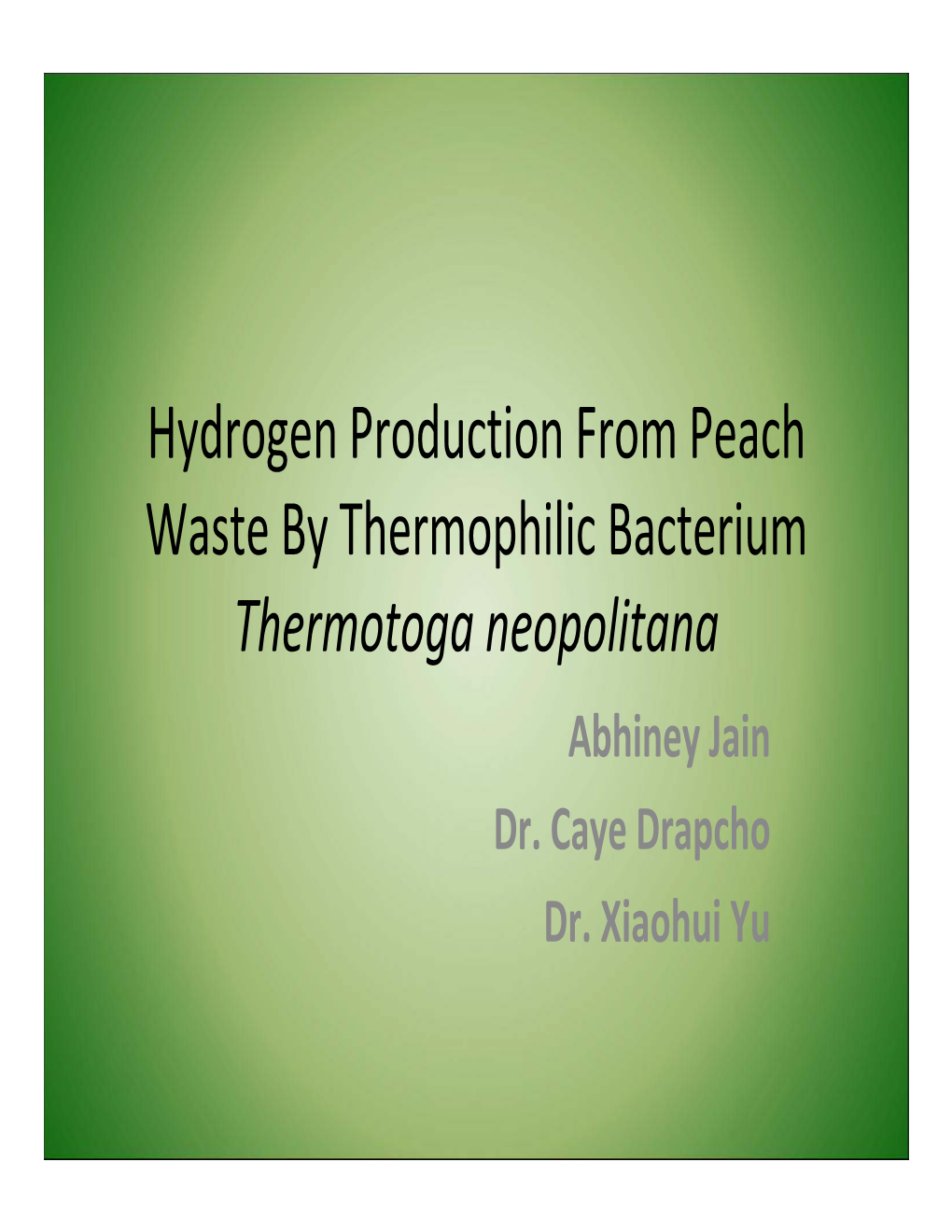 Hydrogen Production from Peach Waste by Thermophilic Bacterium Thermotoga Neopolitana Abhiney Jain Dr
