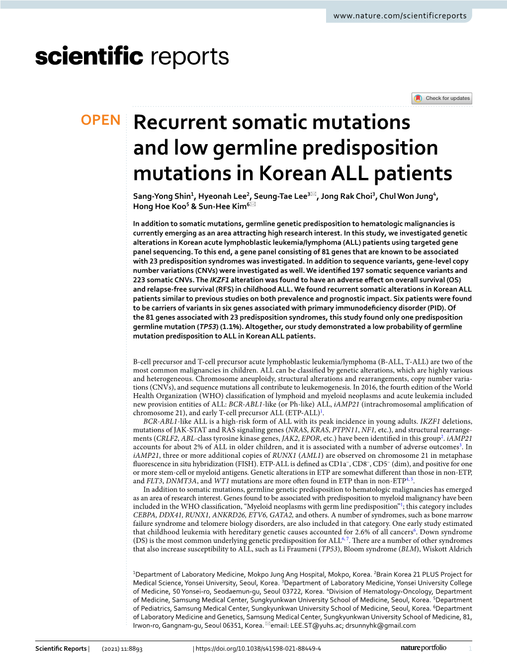 Recurrent Somatic Mutations and Low Germline Predisposition Mutations in Korean ALL Patients