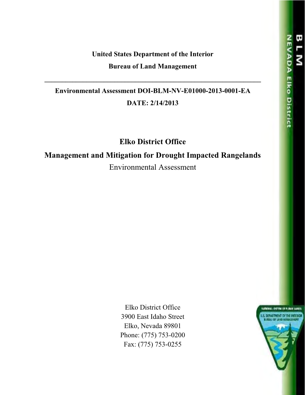 Elko District Office Management and Mitigation for Drought Impacted Rangelands Environmental Assessment