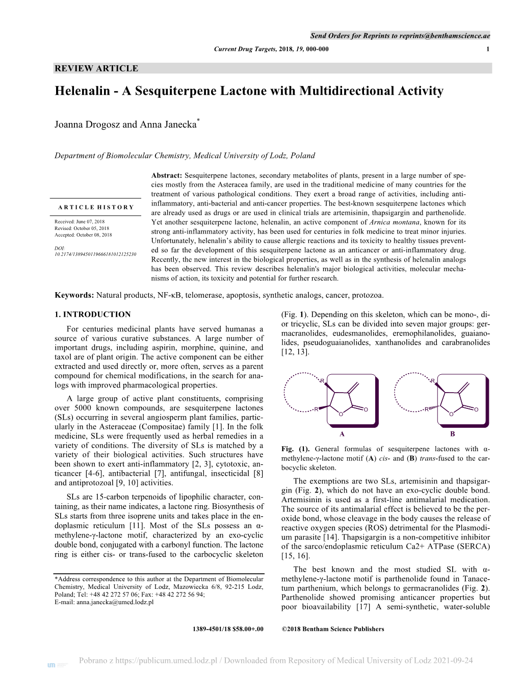 Helenalin - a Sesquiterpene Lactone with Multidirectional Activity