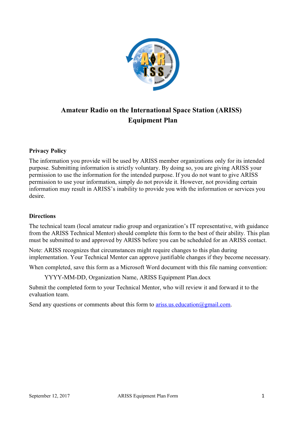 ARISS Equipment Plan Form