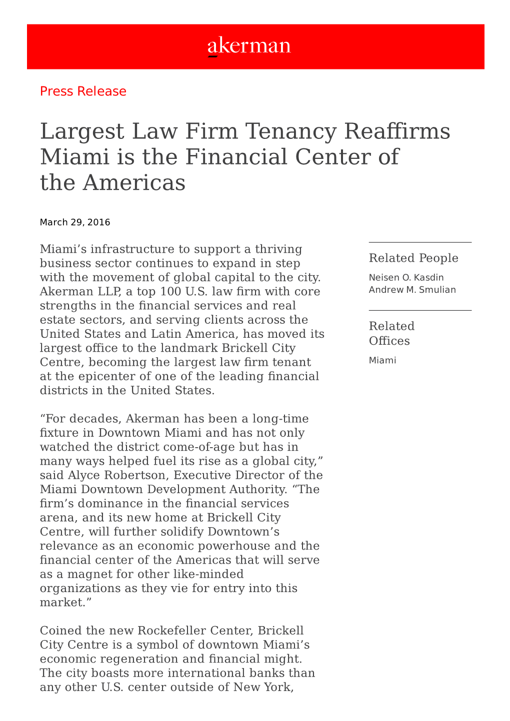 Largest Law Firm Tenancy Reaffirms Miami Is the Financial Center of the Americas