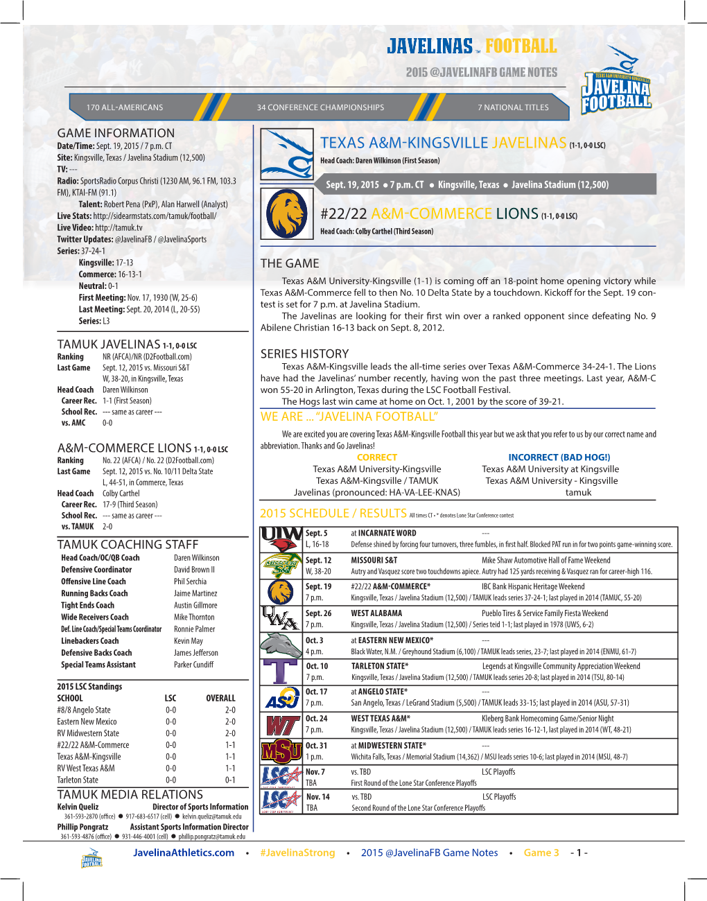 FOOTBALL 2015 @Javelinafb Game Notes