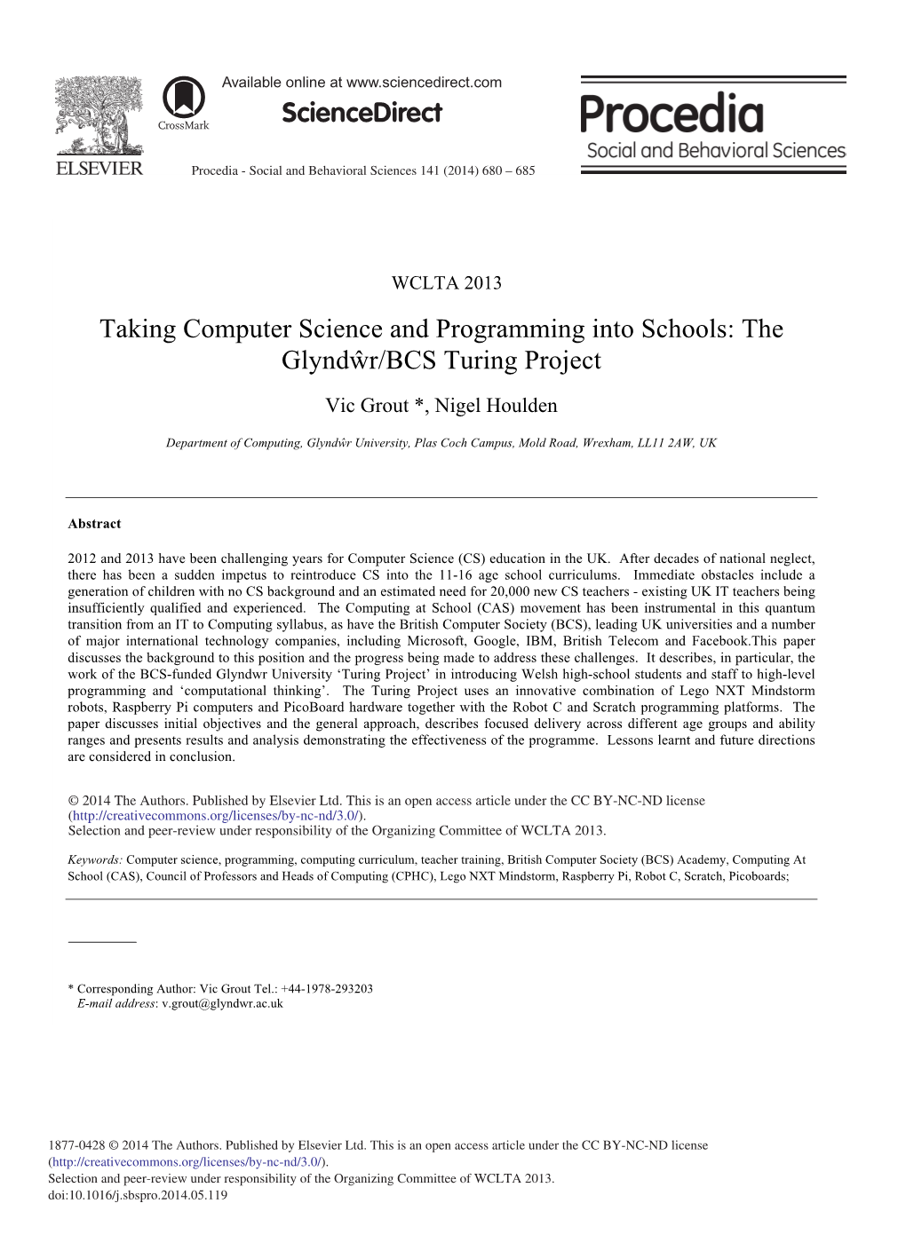 Taking Computer Science and Programming Into Schools: the Glyndŵr/BCS Turing Project