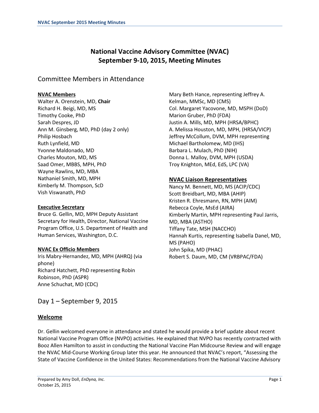 National Vaccine Advisory Committee (NVAC) September 9-10, 2015, Meeting Minutes
