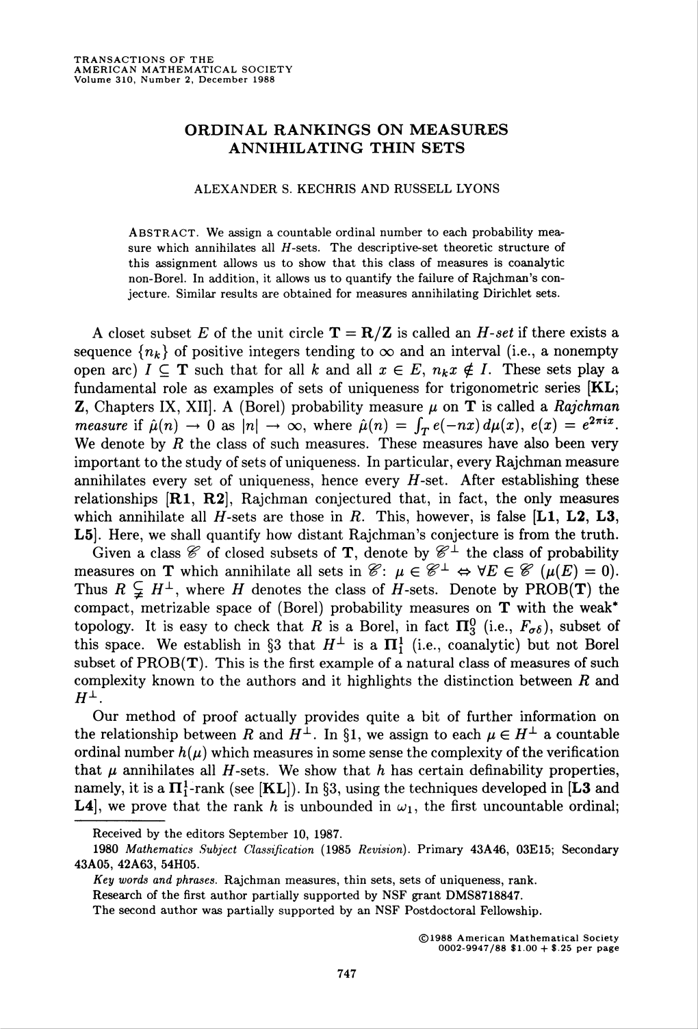 Ordinal Rankings on Measures Annihilating Thin Sets