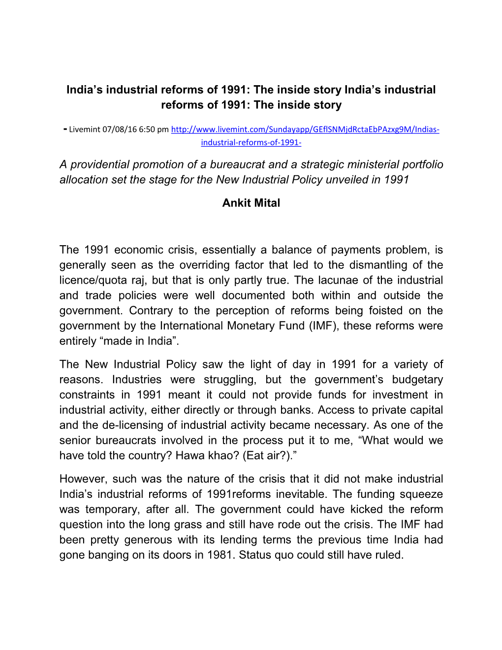 India's Industrial Reforms of 1991: the Inside Story