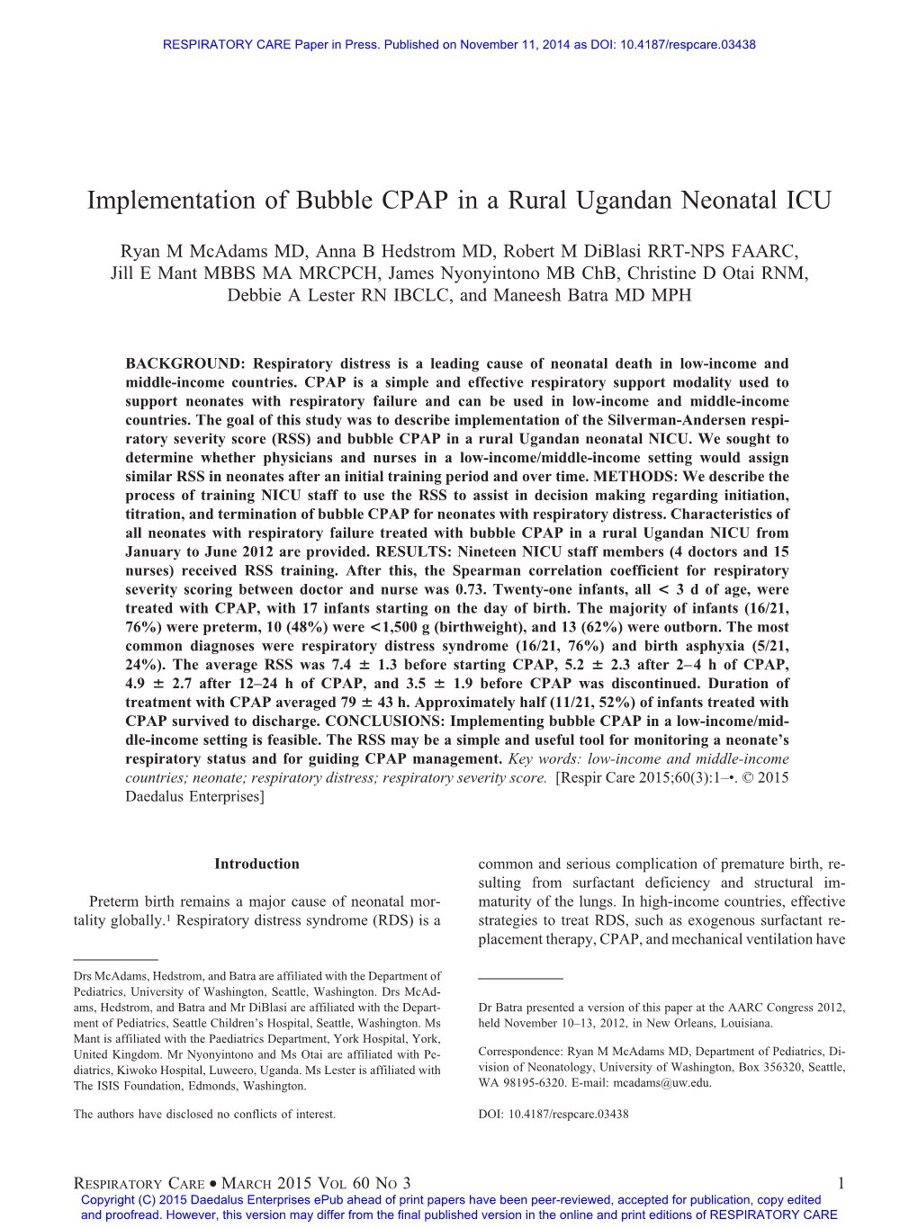 Implementation of Bubble CPAP in a Rural Ugandan Neonatal ICU