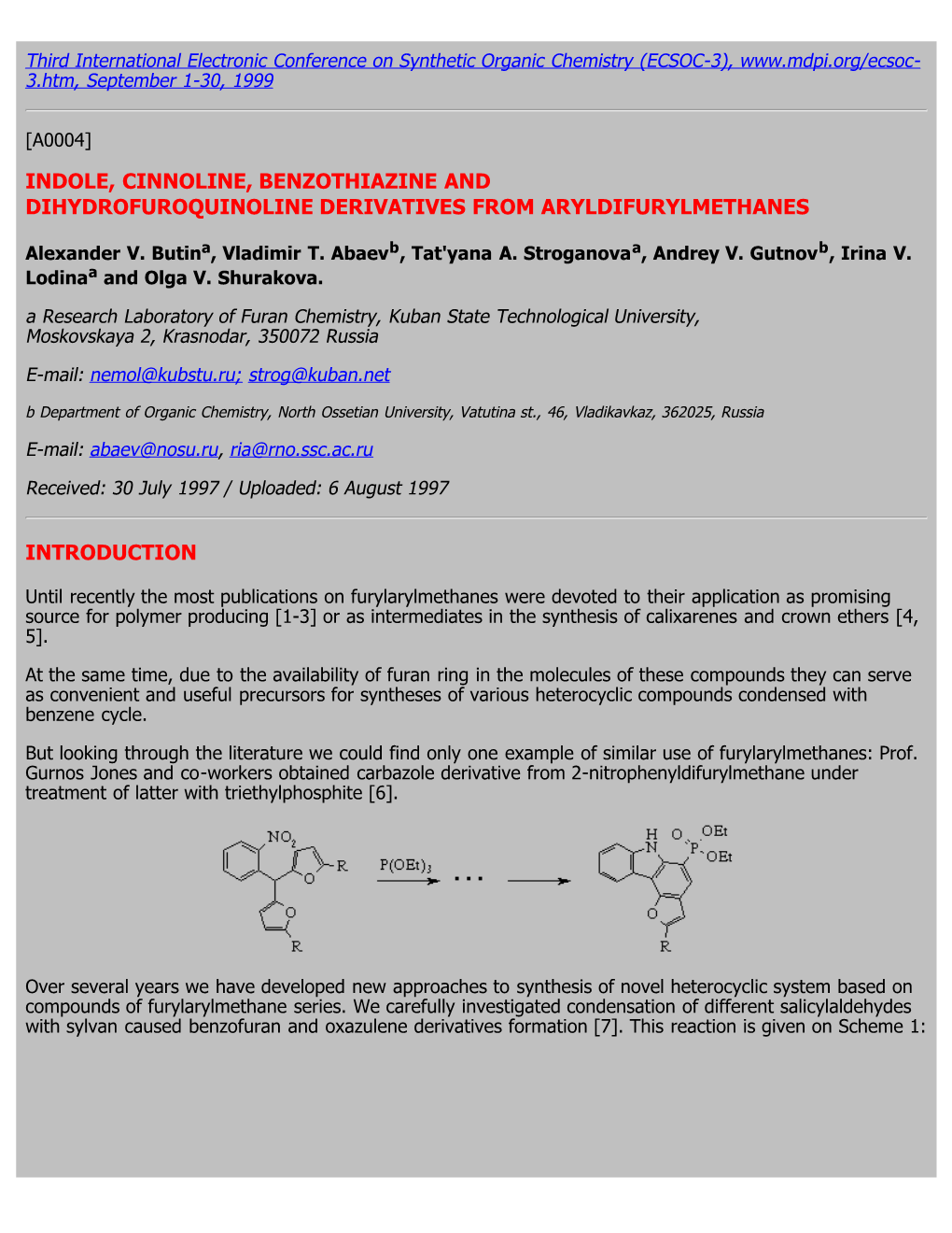 Indole, Cinnoline, Benzothiazine and Dihydrofuroquinoline Derivatives from Aryldifurylmethanes