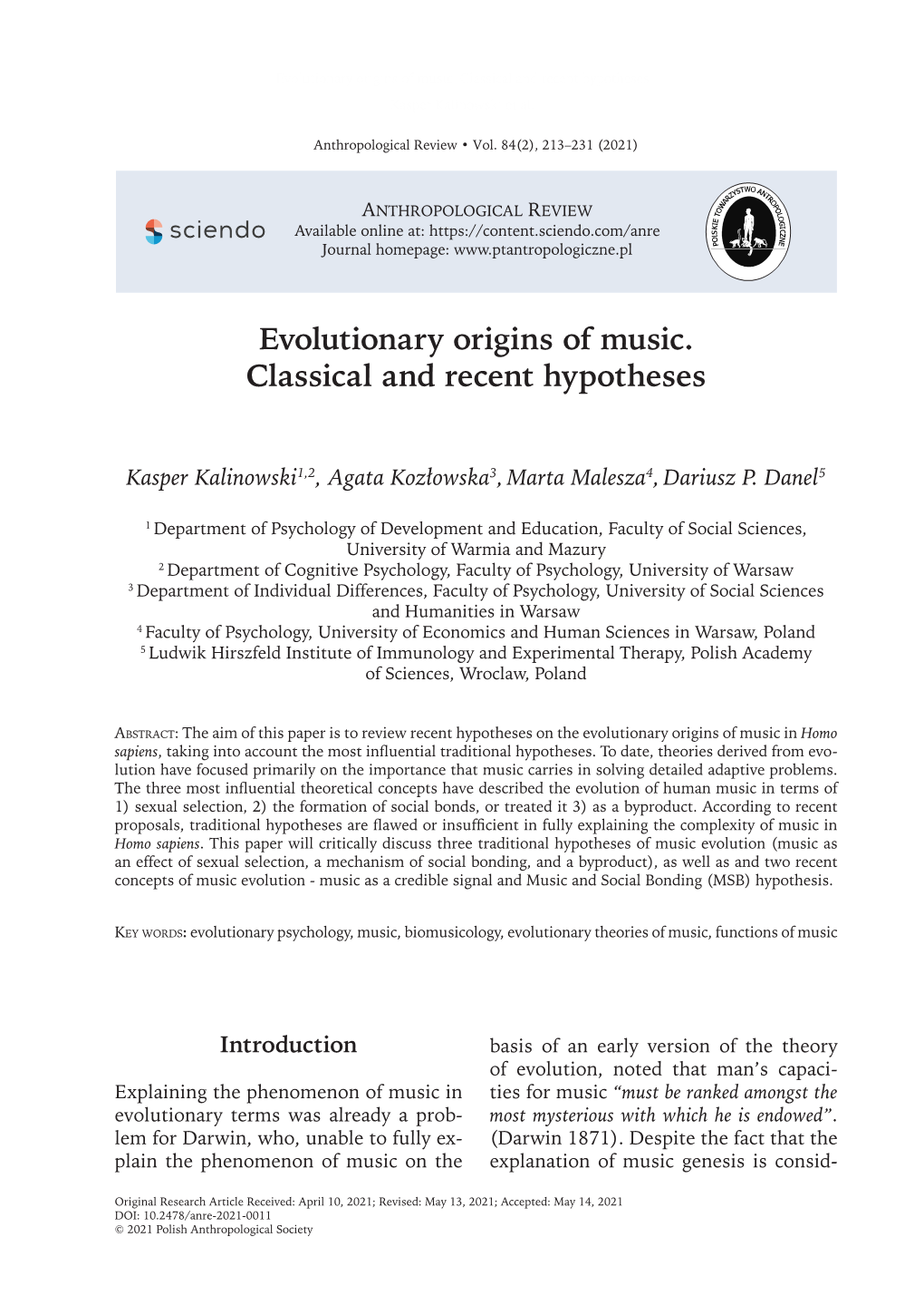 Evolutionary Origins of Music. Classical and Recent Hypotheses Kasper Kalinowski Et Al