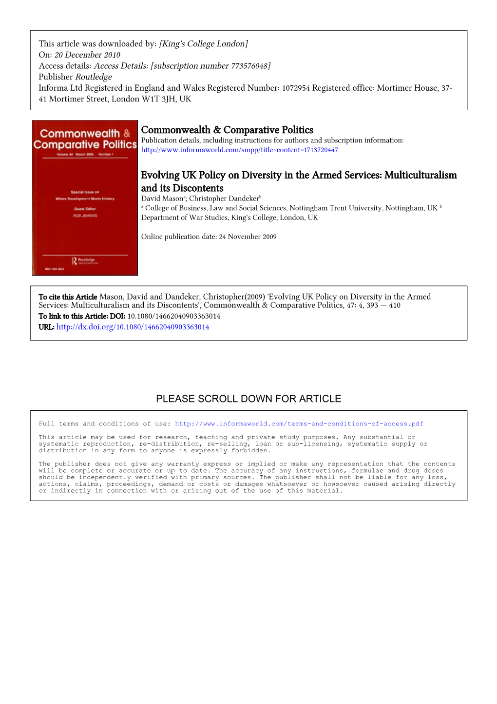 Commonwealth & Comparative Politics Evolving UK Policy On