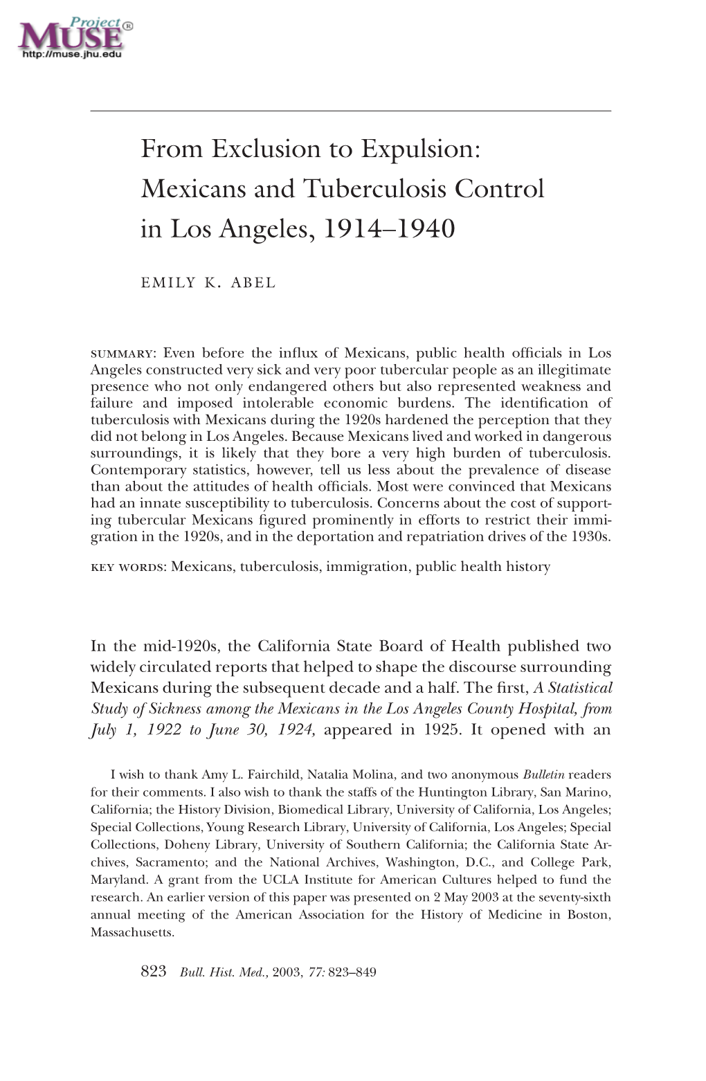 Mexicans and Tuberculosis Control in Los Angeles, 1914–1940